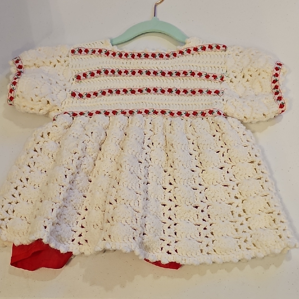Handmade Crochet Baby Dress with Red Accents